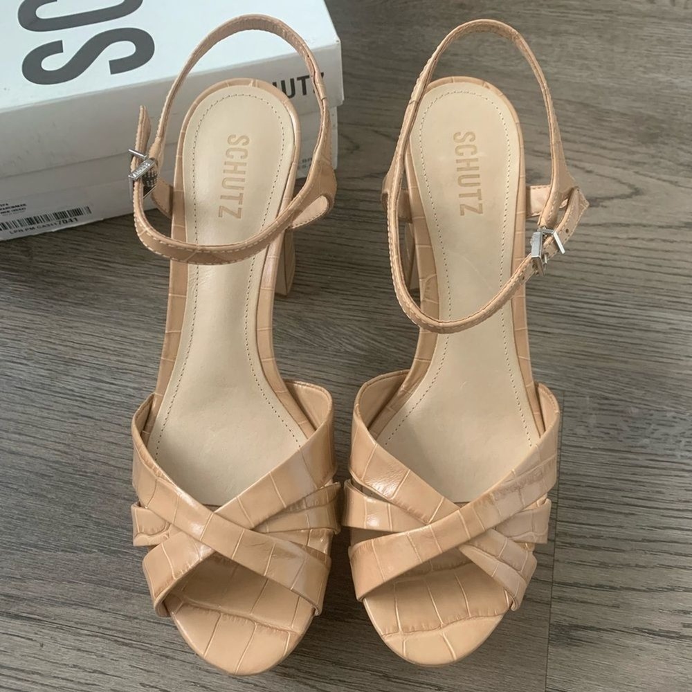 SCHUTZ Keefa Platform Heels Size 10 Nude Beige Croc Embossed Leather Sandals NWB - Picture 5 of 16